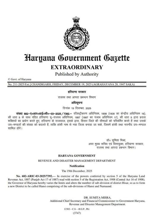 Hansi District : हांसी जिले का गैजेट नोटिफिकेशन जारी, आज से हरियाणा में 23 जिले, 110 गांव होंगे शामिल 2 Hansi District Gazette notification of Hansi district issued, from today 23 districts and 110 villages will be included in Haryana.